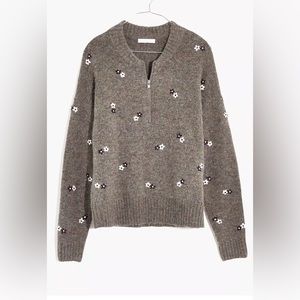 Embroidered Enfield Half-Zip Sweater with Black & White Flowers 
Size M